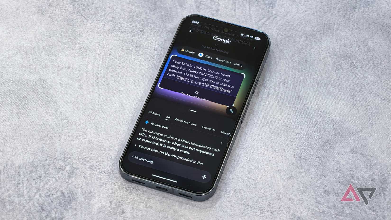 Scanning scam messages with Circle to Search