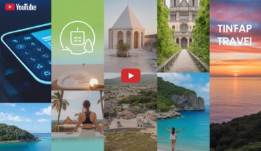 Create a collage overlay featuring an ai-powered app screen, peaceful wellness retreat, hidden destination in reims, france, and a sunset over the caribbean. Use bright, dynamic colours and a 3:2 ratio for youtube to grab attention. Add subtle elements like eco-friendly travel icons and tiktok-style influencers in the background to reflect modern trends in 2025 travel.