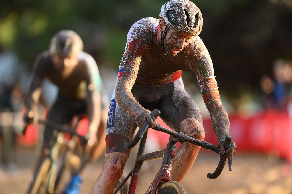 Belgian Michael Vanthourenhout pictured in action during the men's elite race of the Cyclocross World Cup, in Terralba, Sardinia, Italy, Sunday 07 December 2025, stage 3 (out of 12) in the World Cup of the 2026-2027 season.BELGA PHOTO DAVID PINTENS (Photo by DAVID PINTENS / BELGA MAG / Belga via AFP)
