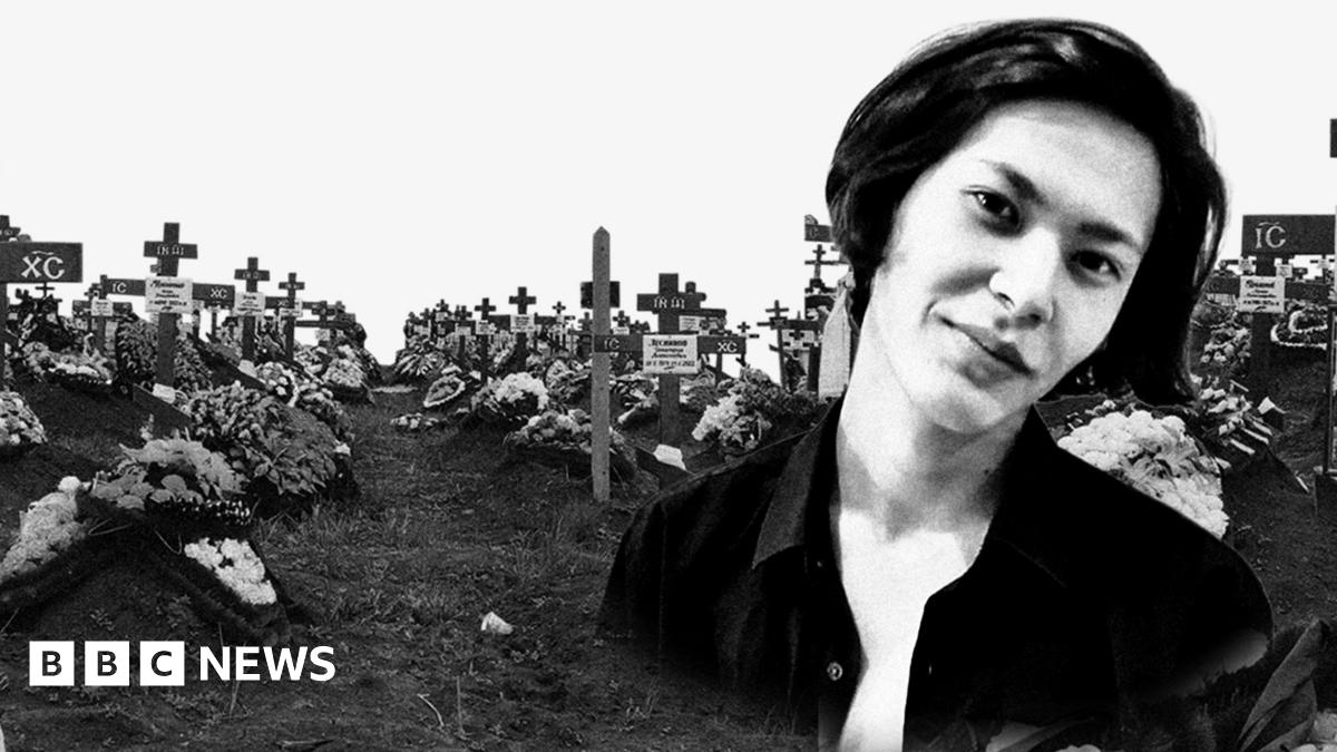 Image of Murat Mukashev inset and a cemetery behind him