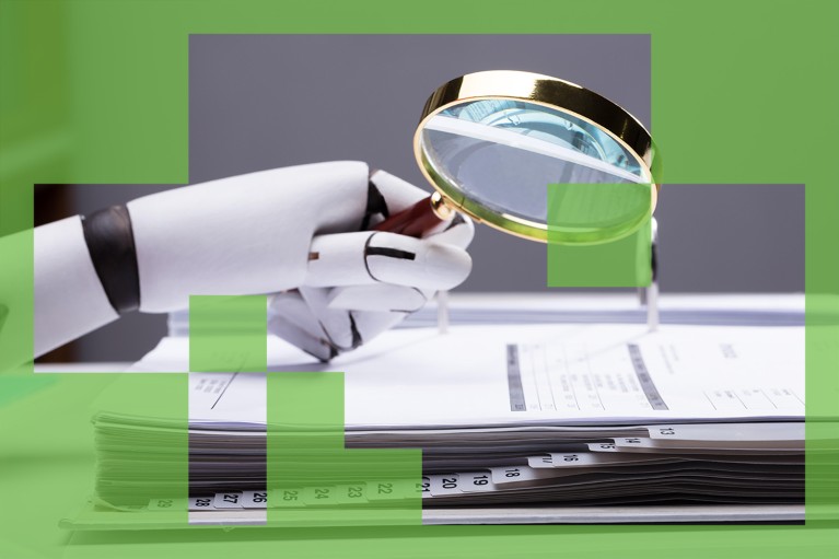A white prop mechanical hand holds a magnifying glass over a ring binder of paper documents.