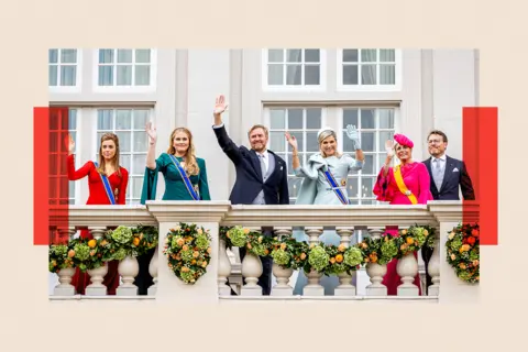 Getty Images The Dutch Royal Family waves from a balcony