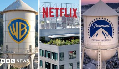 A composite image showing a water tower with the Warner Bros logo, the Netflix sign over a building in LA, and the Paramount logo on another water tower.