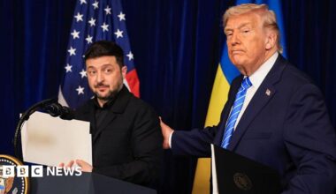 U.S. President Donald Trump and Ukrainian President Volodymyr Zelensky leave a press conference following their meeting at Trump’s Mar-a-Lago club