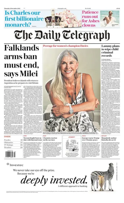 The headline on the front page of the Telegraph reads: “Falklands arms ban must end, says Milei”.