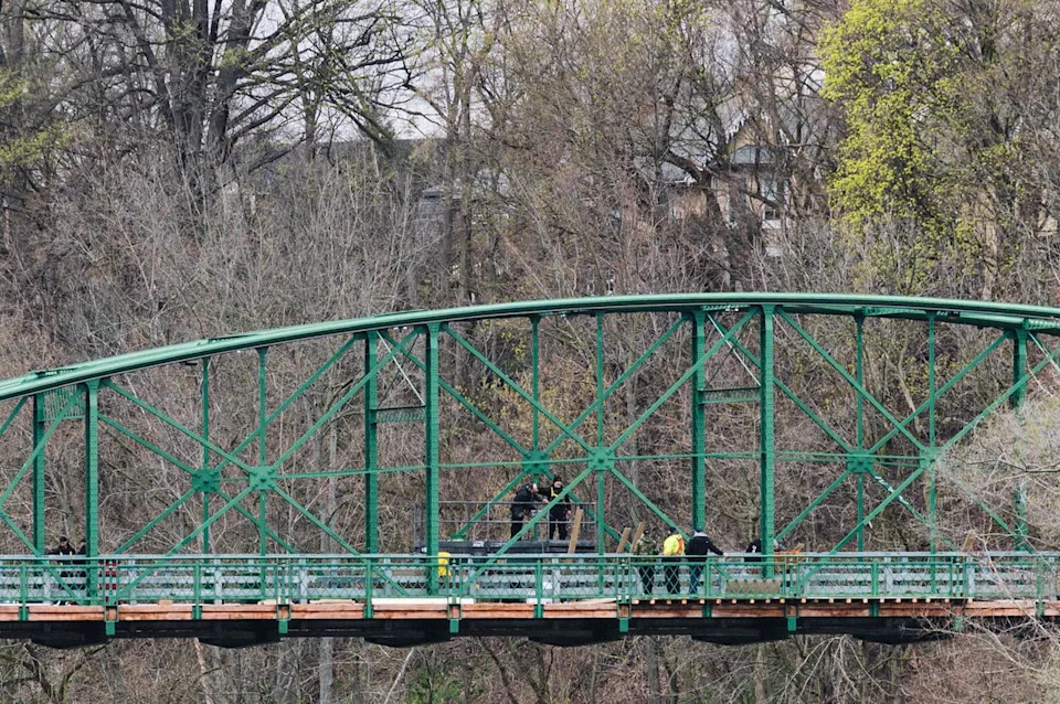 Crews for the upcoming Amazon Prime series Motorheads work to make London's historic Blackfriars Bridge ready for filming on April 17, 2024.