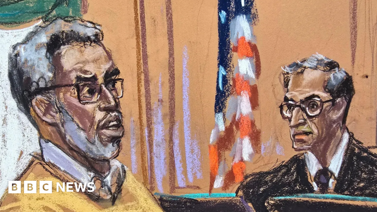 A courtroom sketch of Sean "Diddy" Combs' sentencing hearing. Combs is on the right, wearing a yellow sweater and glasses. Judge Arun Subramanian, in judge's robes, is pictured at right next to an American flag.