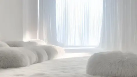 Pantone White room with white curtains in the background and fluffy white cushions in the foreground