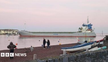 A large silver cargo ship called Scot Pioneer is seen in the water in Teignmouth Harbour. Three adults a small child are seen in the foreground on the beach at Shaldon.