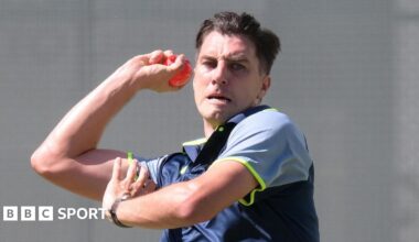 Pat Cummins bowls during practice