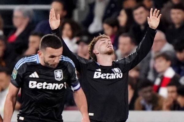 Aston Villa's Harvey Elliott (right) celebrates scoring their side's first goal of the game during the Carabao Cup third round match at the Gtech Community Stadium, London. Picture date: Tuesday September 16, 2025.