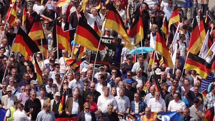 A crowd of people hold aloft yellow, red and black flags.
