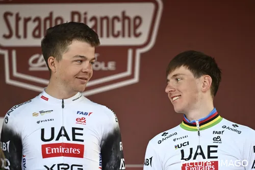 Florian Vermeersch and Tadej Pogacar at Strade Bianche 2025