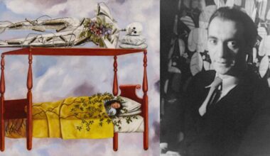 A surreal painting of a person in bed with skeleton and flowers above, beside a black-and-white portrait of a man in a suit sitting in front of a patterned background.