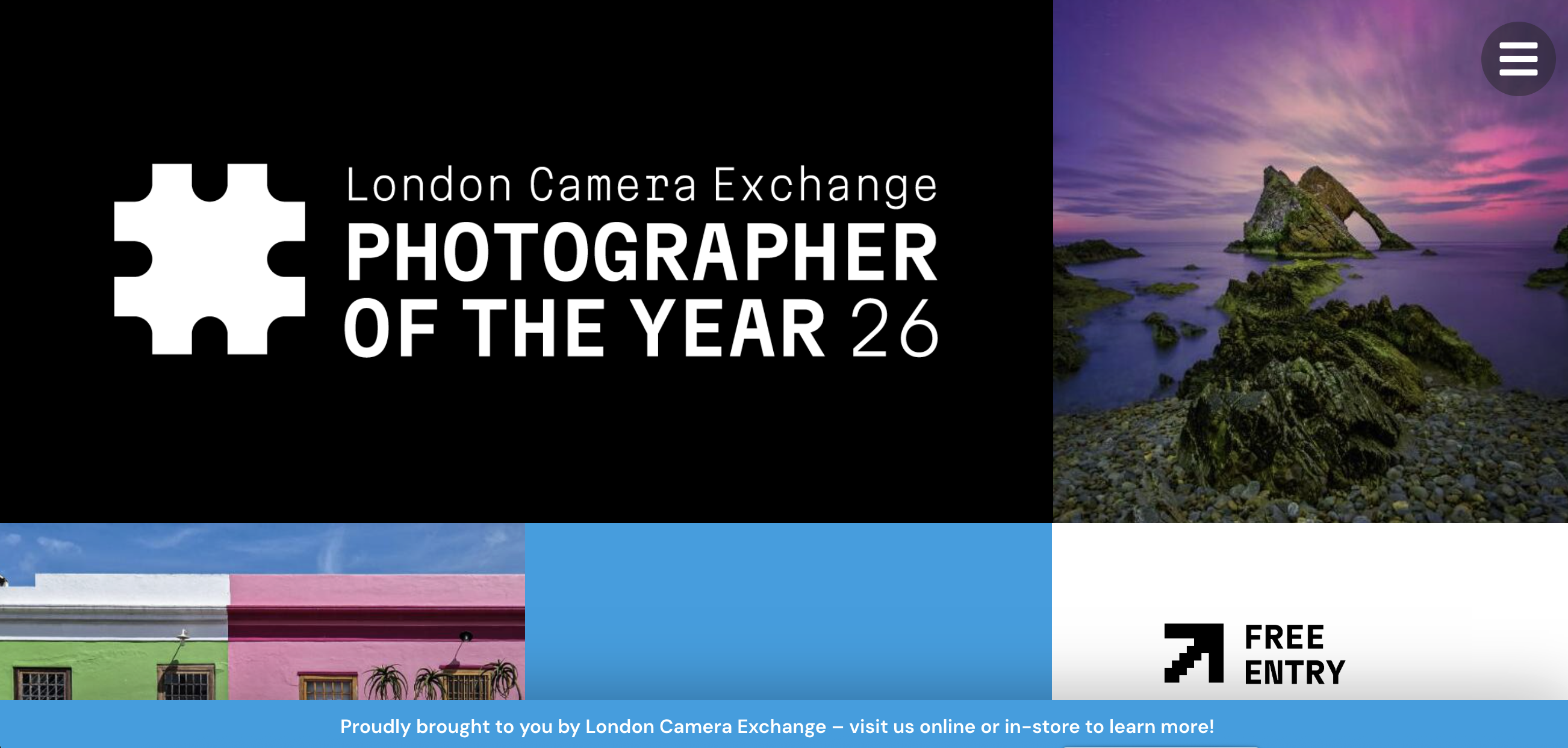 A banner for the London Camera Exchange Photographer of the Year 26, featuring a black background with white text and a white puzzle piece icon, next to a vivid sunset photo of a rock formation in the sea.