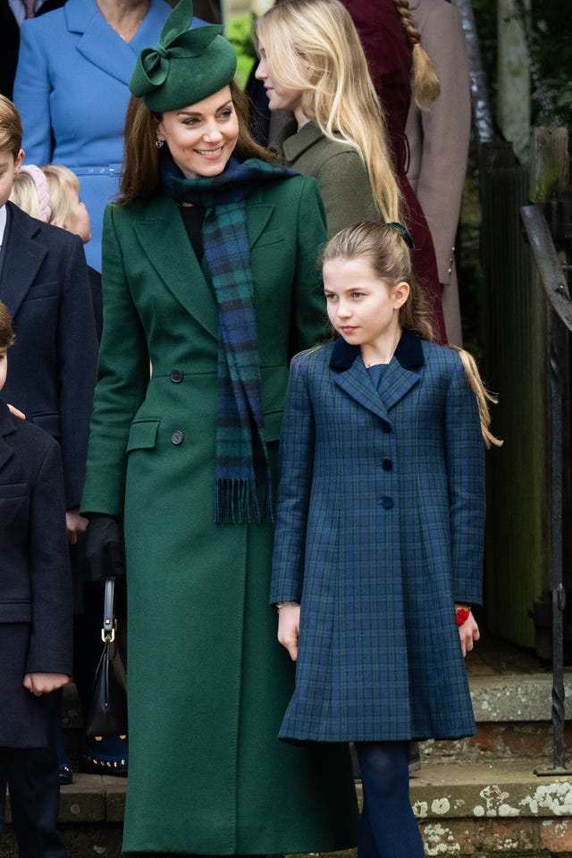 sandringham, norfolk december 25: catherine, princess of wales and princess charlotte of wales attend the christmas morning service at sandringham church on december 25, 2024 in sandringham, norfolk. (photo by samir hussein/wireimage)