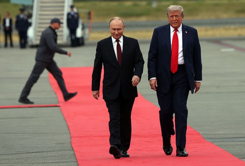 President Donald Trump welcomes Russian President Vladimir Putin to Joint Base Elmendorf-Richardson on August 15, 2025 in Anchorage, Alaska.