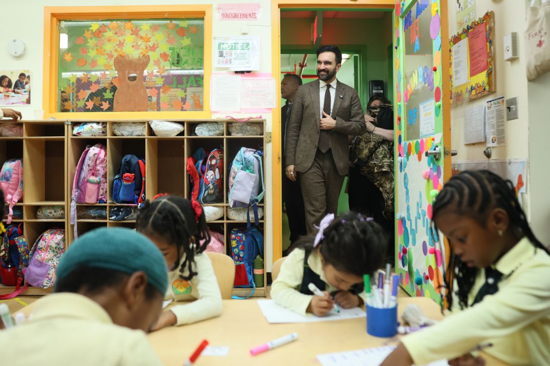 Mamdani interacts with Pre-K students at Friends of Crown Heights Education Center on November 13, 2025 in Brooklyn's Flatbush neighborhood. Mamdani met with educators and visited with young students, speaking about his campaign promise of free care for children starting at 6 weeks old.