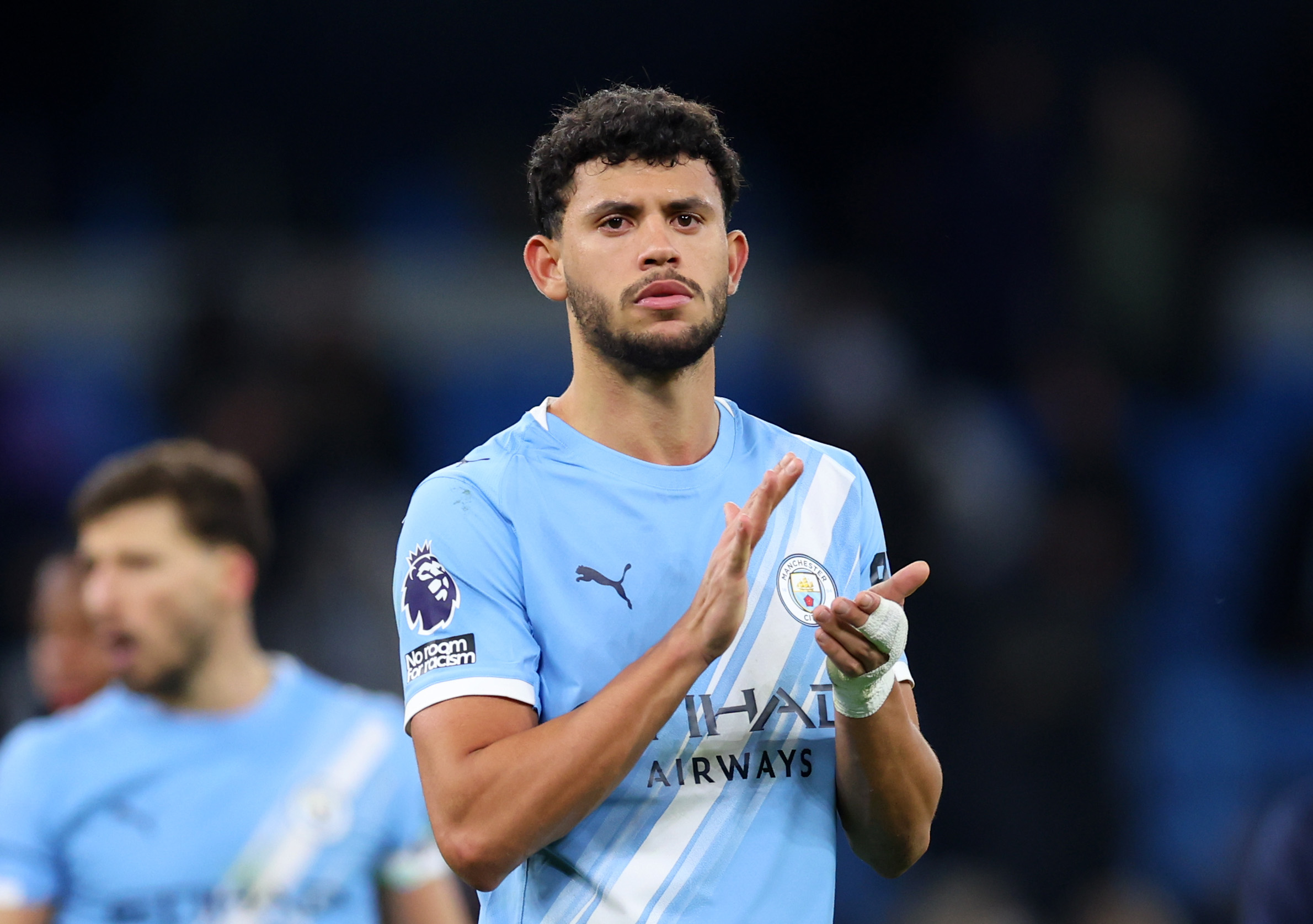 MANCHESTER, ENGLAND - DECEMBER 20: Matheus Nunes of Manchester City applauds the fans after victory in the Premier League match between Manchester City and West Ham United at Etihad Stadium on December 20, 2025 in Manchester, England. (Photo by Molly Darlington/Getty Images)