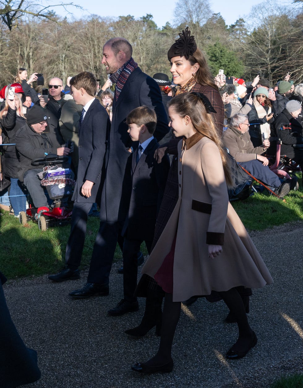 sandringham, norfolk december 25: prince george of wales, prince william, prince of wales, prince louis of wales catherine, princess of wales and princess charlotte of wales attend the christmas morning service at sandringham church on december 25, 2025 in sandringham, norfolk. attend the christmas morning service at sandringham church on december 25, 2025 in sandringham, norfolk. (photo by samir hussein/wireimage)