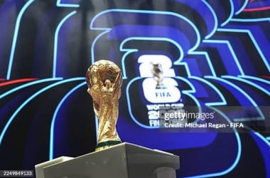 The FIFA World Cup Trophy on stage at the Kennedy Center ahead of the FIFA World Cup 2026 Official Draw on December 03, 2025 in Washington, DC. Photo by Michael Regan