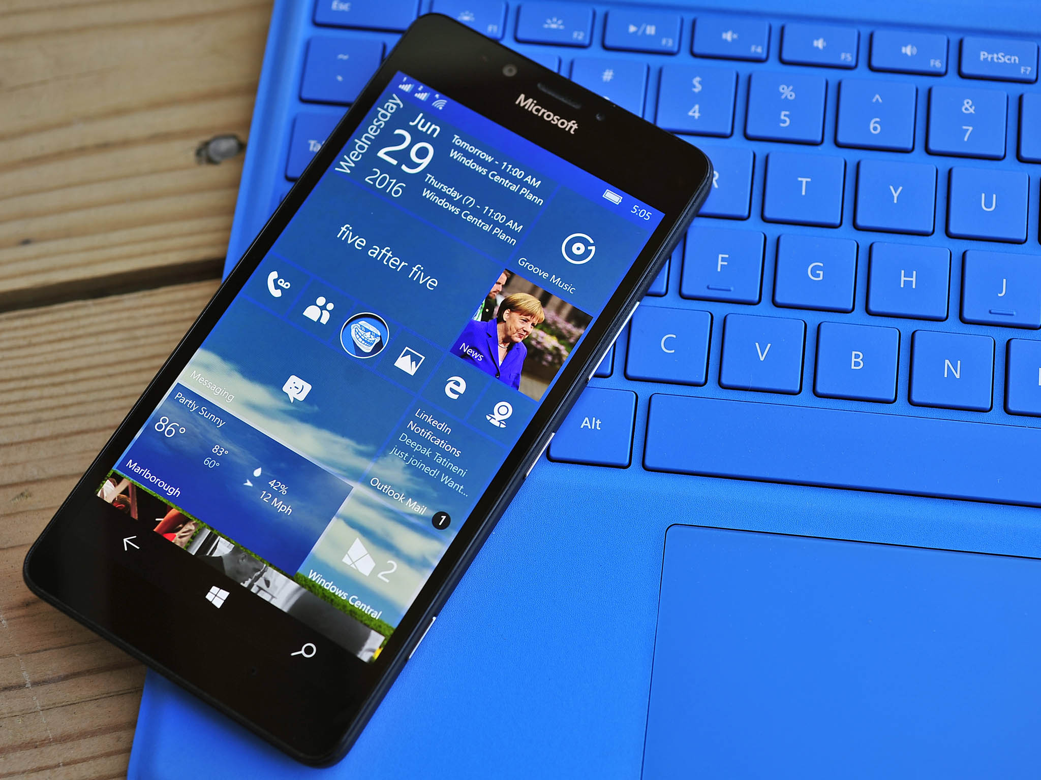 Windows 10 Mobile device on a Surface keyboard.