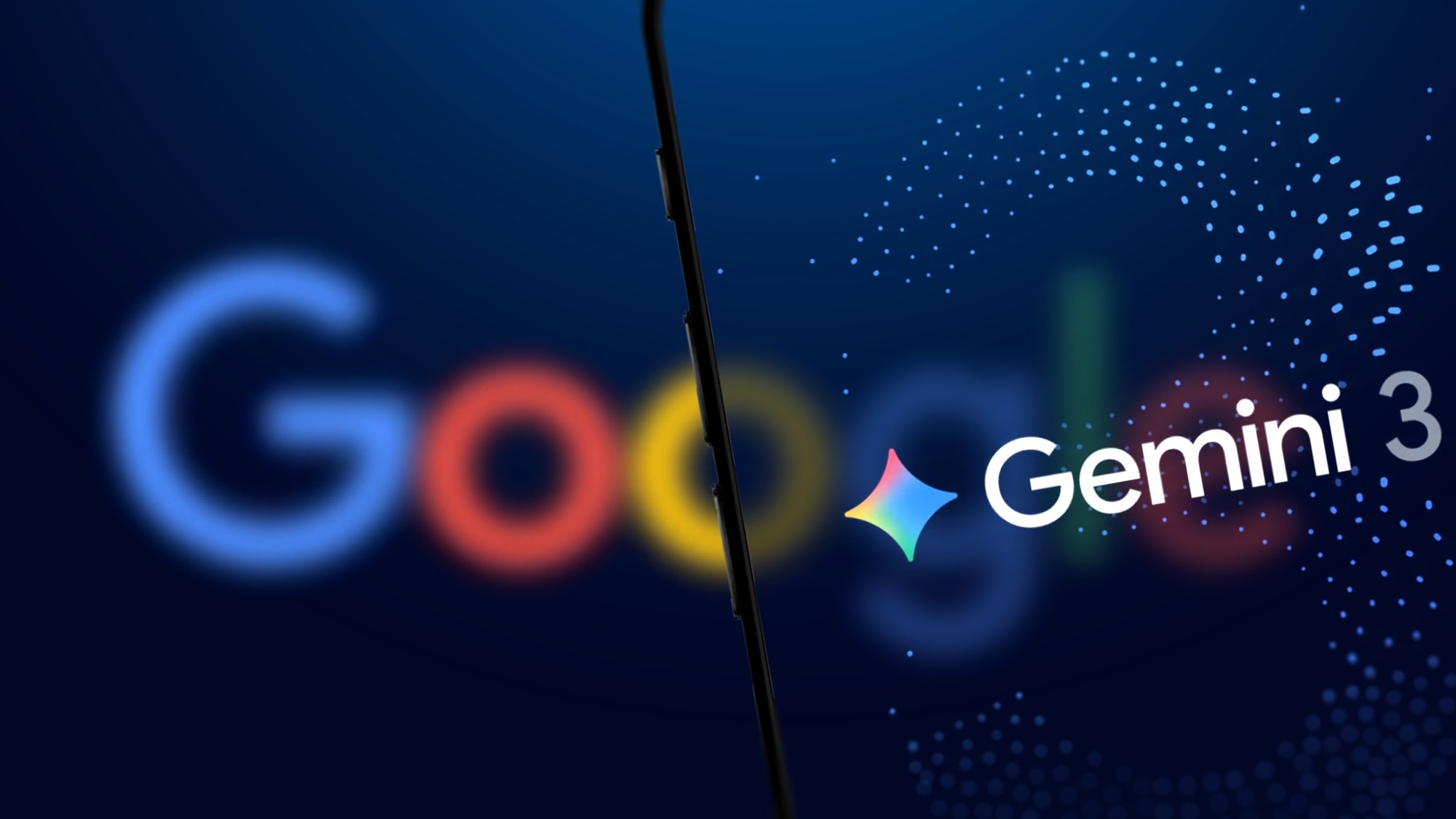 The logo of Gemini 3 is displayed on a smartphone screen with Google logo in the background.