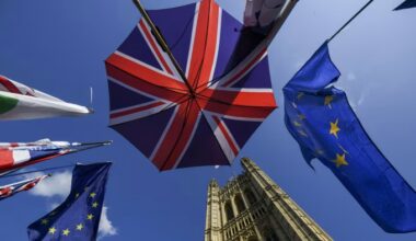 A Union Jack umbrella is displayed among EU flags near the Houses of Parliament, viewed from below against a blue sky.