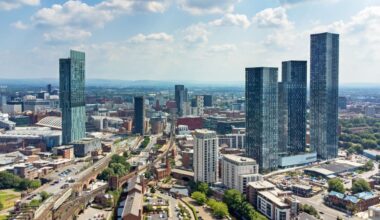 Wide angle aerial view of the skyline of Manchester, England, UK