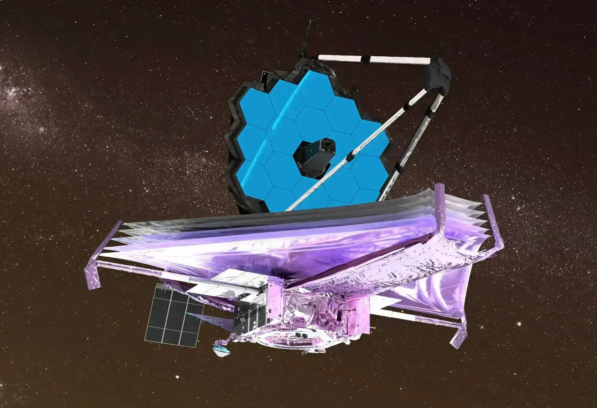 An artist's rendering of Webb telescope against a starry background