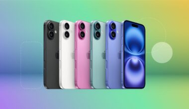 iPhone 16 devices in all colors in front of colorful gradient background