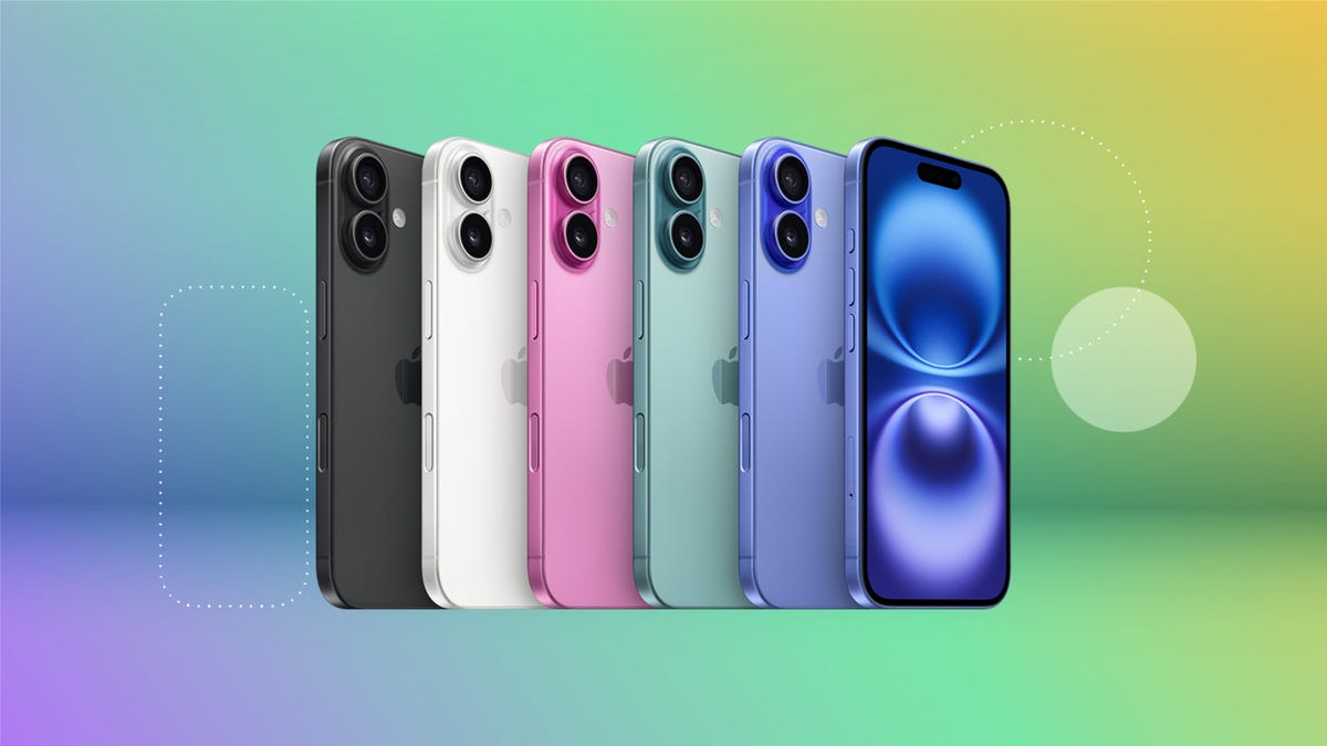 iPhone 16 devices in all colors in front of colorful gradient background