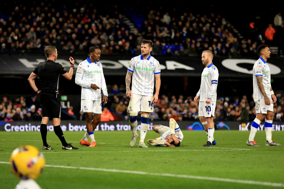 Jamal Lowe of Sheffield Wednesday, Liam Cooper of Sheffield Wednesday and Barry Bannan of Sheffield Wednesday react to Referee David Webb during the Sky Bet Championship match between Ipswich Town and Sheffield Wednesday at Portman Road on December 20, 2025 in Ipswich, England. 