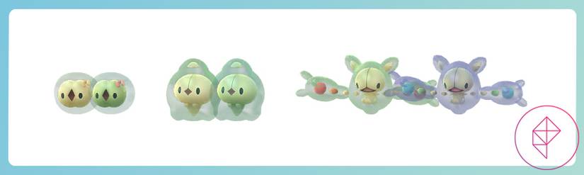 Shiny Solosis, Duosion, and Reuniclus in Pokémon Go with its regular forms. All of the shinies are very subtle darker green, whereas Reuniclus turns more blue.