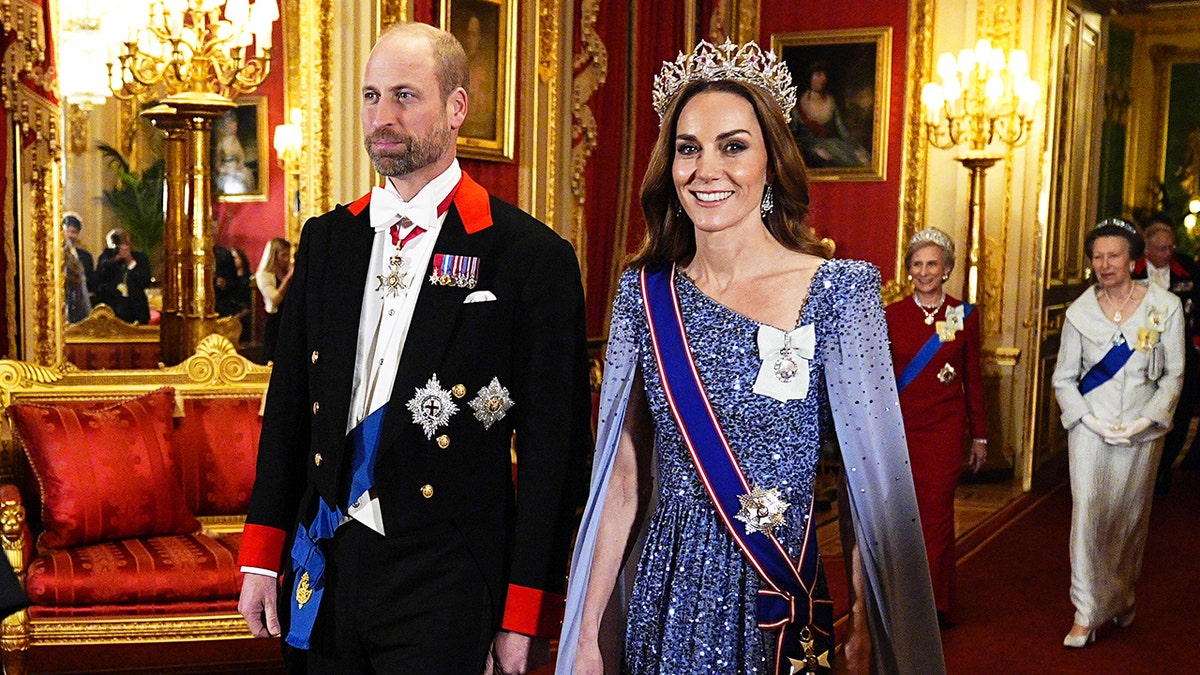 A close-up of Kate Middleton wearing a glittering gown and tiara during state visit.