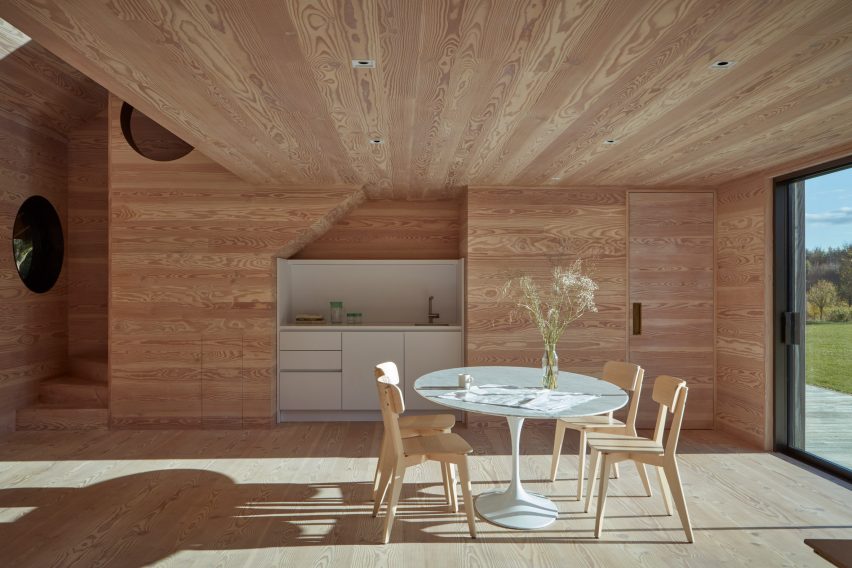 Dining room lined in. Douglas fir timber