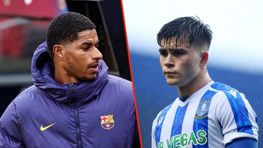 Split image of Marcus Rashford in Barcelona jacket looking to the side and Harry Amass in Sheffield Wednesday kit looking to the side.