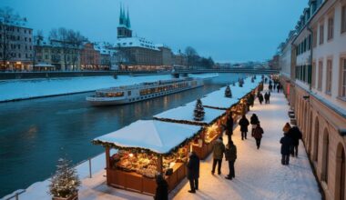Festive riverfront christmas market scenes and seasonal river cruising in europe