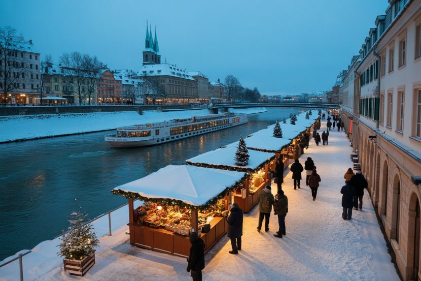 Festive riverfront christmas market scenes and seasonal river cruising in europe