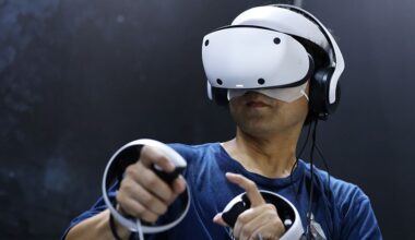 Man playing with Sony PSVR 2 VR headset and controllers