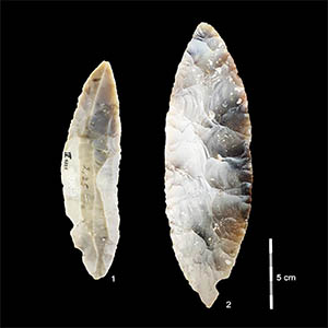 Stone tools from the LRJ at Ranis. 1) partial bifacial blade point characteristic of the LRJ; 2) at Ranis the LRJ also contains finely made bifacial leaf points. Credit: Josephine Schubert. Click image to enlarge