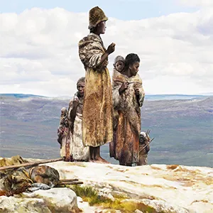 An illustration depicts an artist’s illustration of ancient humans from Ranis, Germany and the Czech Republic traveling together 45,000 years ago. Credit: Tom Björklund/Max Planck Institute for Evolutionary Anthropology. Click image to enlarge