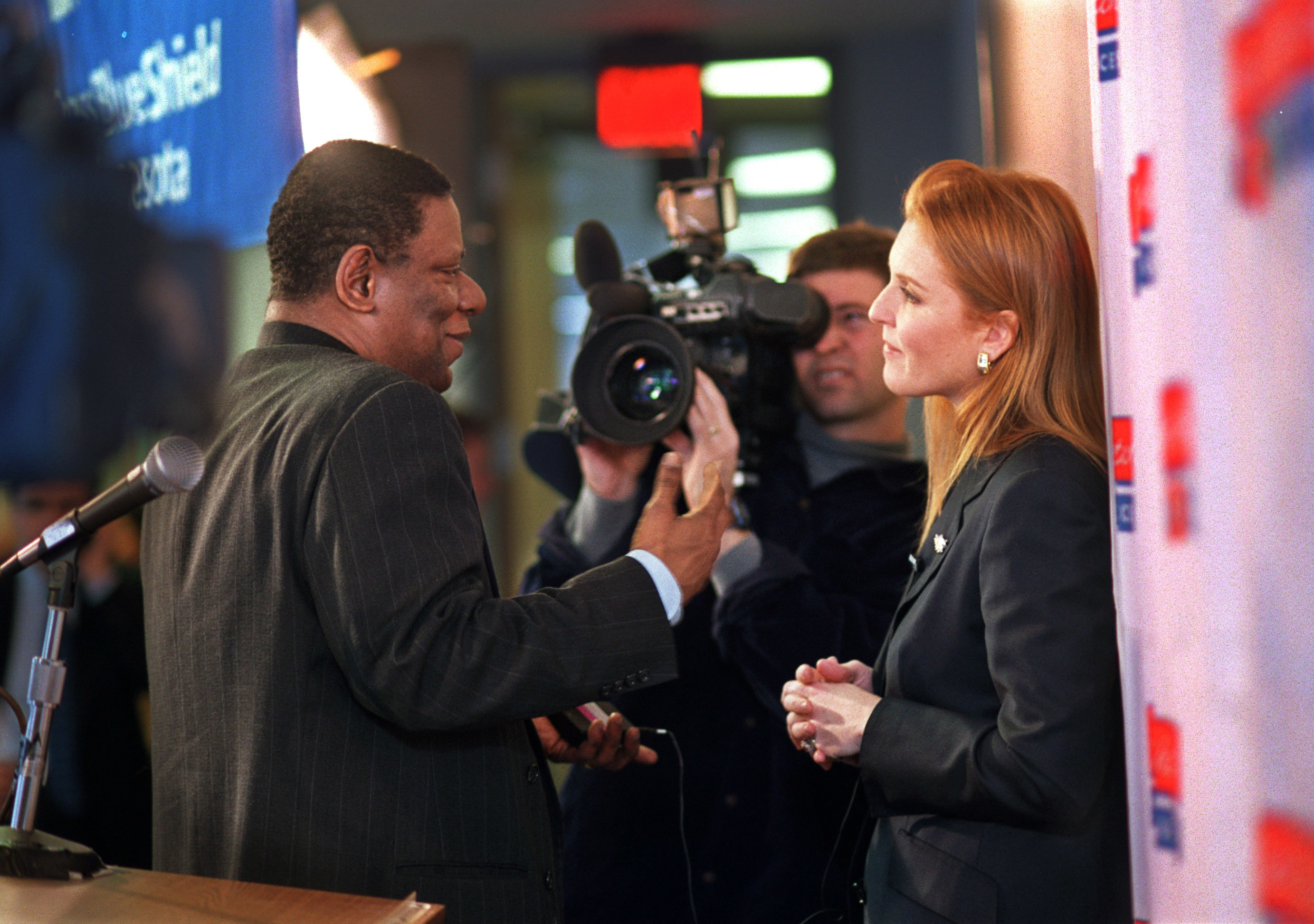 Sarah Ferguson, the Duchess of York, is coming to the Twin Cities for two events connected with her role as a paid spokeswoman for Weight Watchers International: -- (THIS PHOTO_Thursday,01/13/00_Eagan) - Local television personality (Channel 2) Lou Harvin (sp?) interviews another personality ... Sarah Ferguson, the Duchess of York, following her talk at a worksite Weight Watchers program for member/employees at Blue Cross &amp;Blue Shield of Minnesota in Eagan.(Photo By DAVID BREWSTER/Star Tribune via Getty Images)