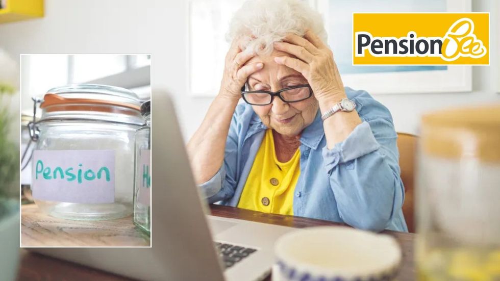 Pensioner, empty pensions pot and PensionBee logo