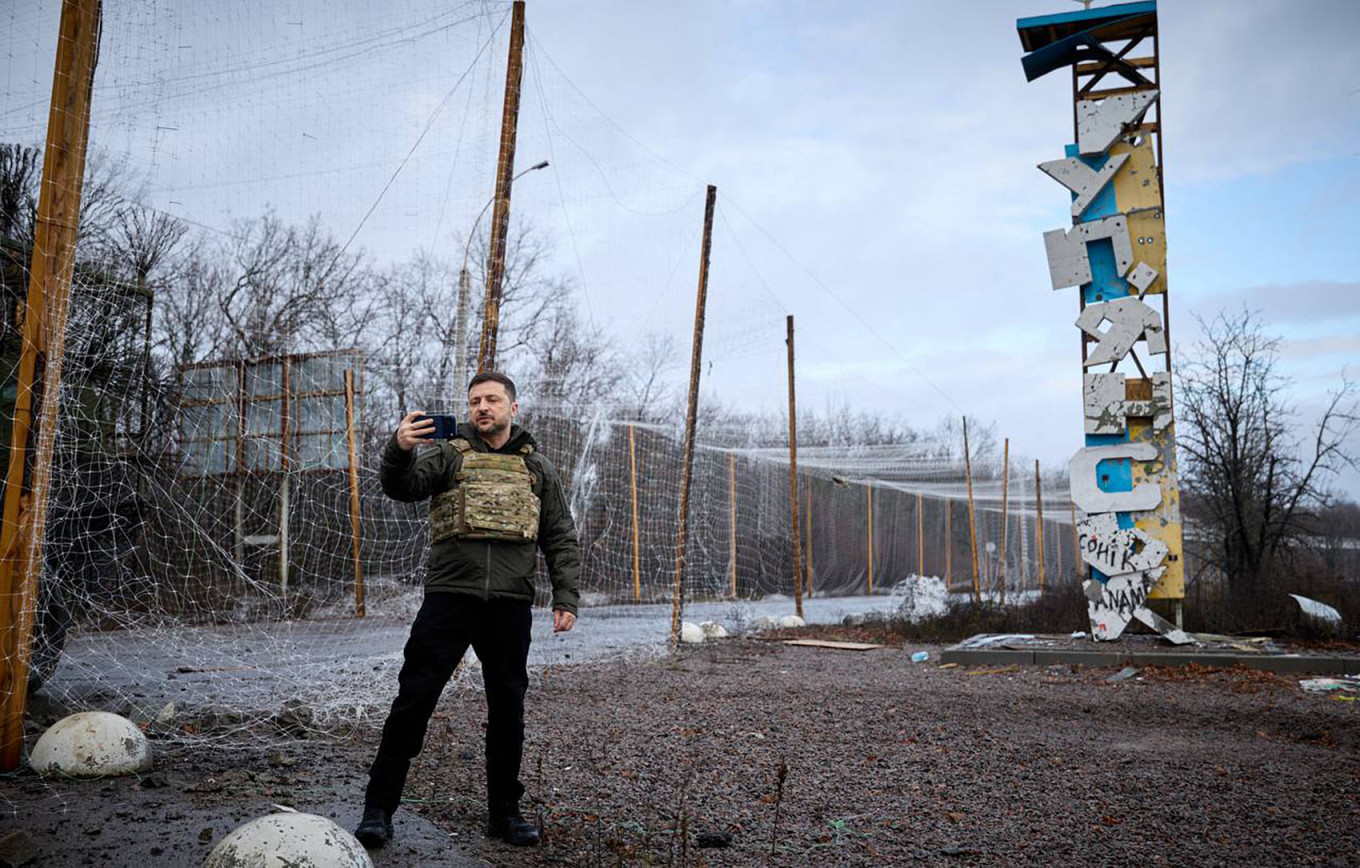
					Ukrainian President Volodymyr Zelensky during a trip to Kupiansk, which Russia claimed to have captured, on Dec. 12.					 					@V_Zelenskiy_official / Telegram				