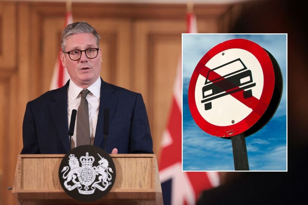 Prime Minister Keir Starmer and a car ban sign
