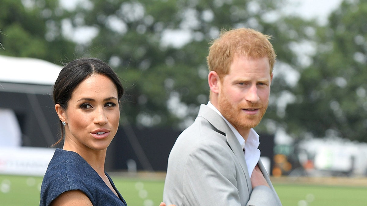 Meghan Markle wears a blue dress next to Prince Harry in khaki coat