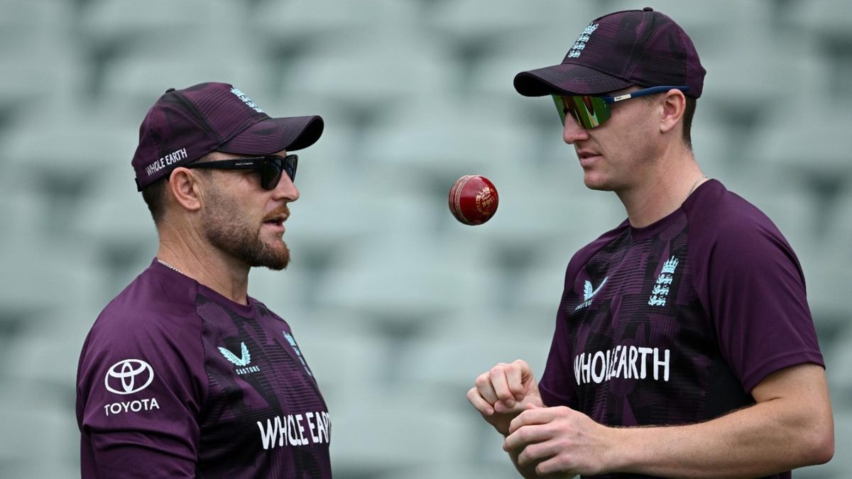England head coach Brendon McCullum and white-ball captain Harry Brook in conversation during a training session