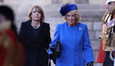 Queen Camilla wears an Anna Valentine coat and the Prince Albert sapphire and diamond brooch at the ceremonial welcome at the start of the State Visit to the United Kingdom of the German President Frank-Walter Steinmeier on Dec. 3, 2025 in Windsor, England.