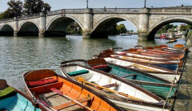 Small boats moored in front of Richmond Bridge